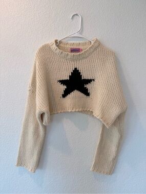 Edikted Chunky Knit Star Sweater | Cropped Boho Pullover | Cream + Black | XS